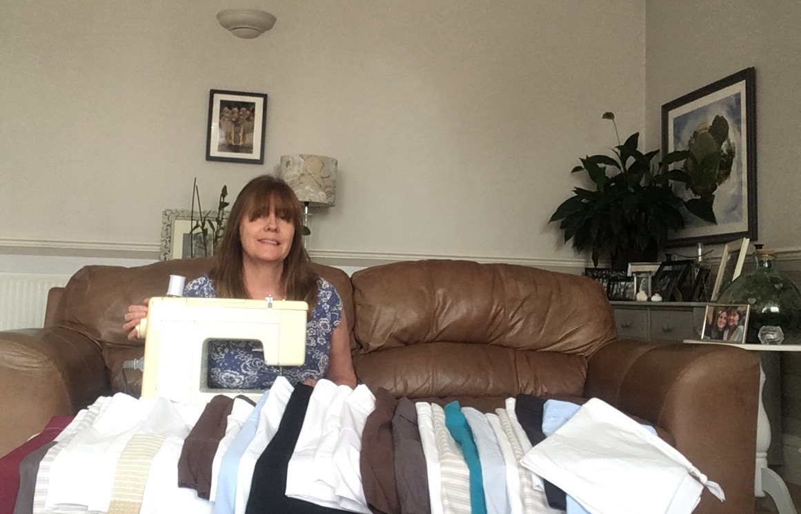 Cheltenham Chiropractic Clinic receptionist Mandy sew laundry bags for NHS Workers - please help Cotswold Scrubs!