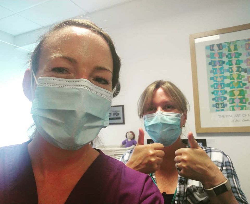 Cheltenham Chiropractor Catherine Owers and receptionist Mandy in masks