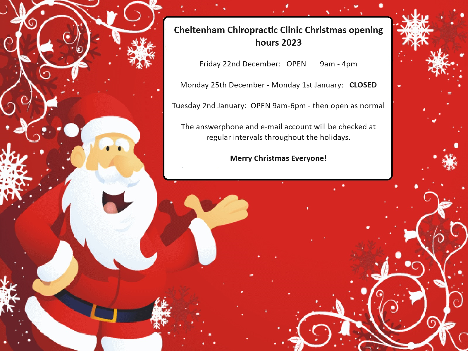 Cheltenham Chiropractic Clinic Christmas opening hours 2023
